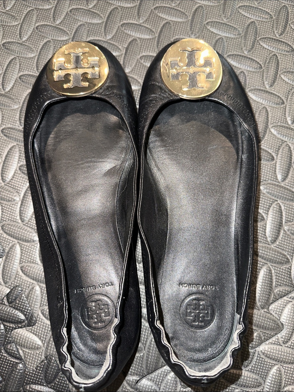 Tory Burch Black Leather Ballet Flats with Gold Logo Medallions